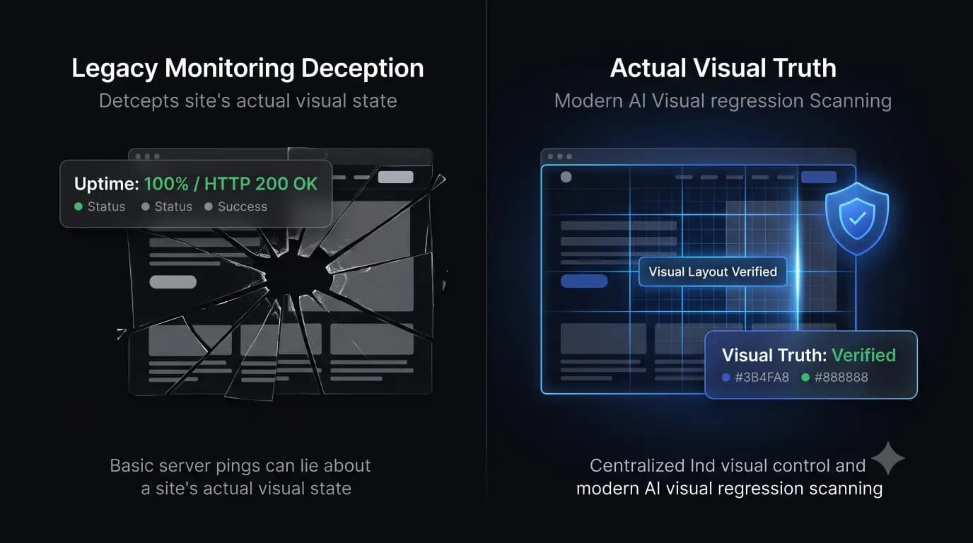 Dashboard showing the difference between a basic HTTP 200 uptime check and true visual regression testing